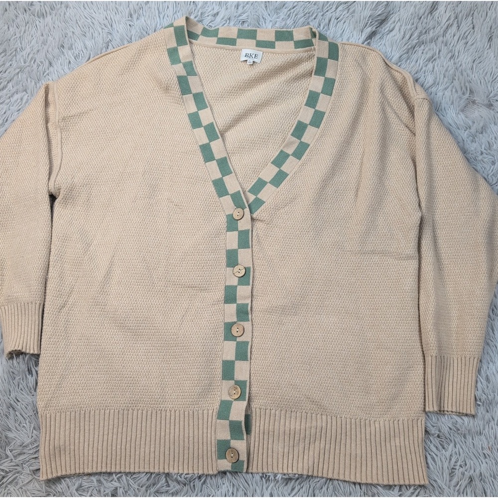 BKE Sweater Womens L Biege Cardigan Button Up Comfort Knit Oversized V Neck